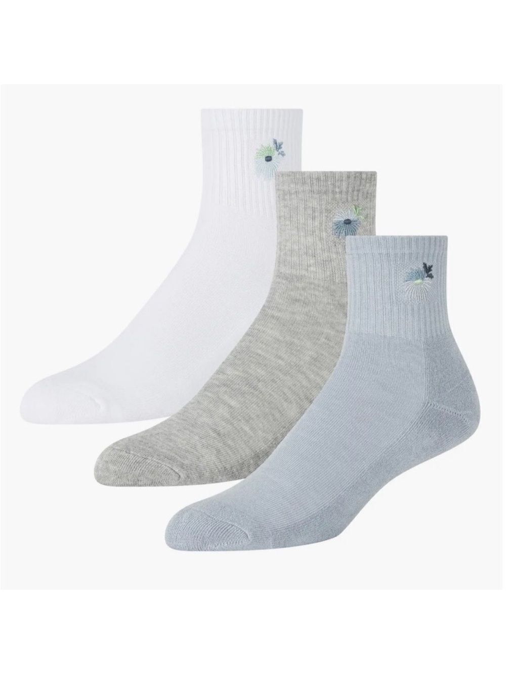 Ted Baker Blue Gray White High Quarter Crew Floral Embroidery Stretch Socks 3pk